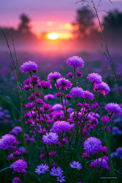 Purple flowers in a field during sunset with soft light