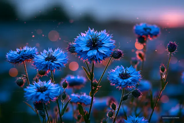 Bright blue flowers in a field during sunset