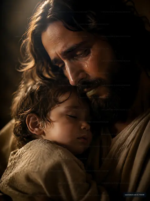 Man holding child in close embrace with soft light