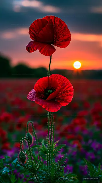 Red poppies in a field at sunset with clouds in the background