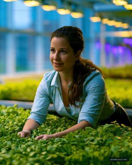 Woman working in a greenhouse with plants in a urban setting