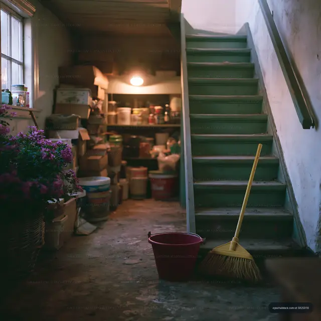 Cleaning supplies and tools in a basement area with stairs