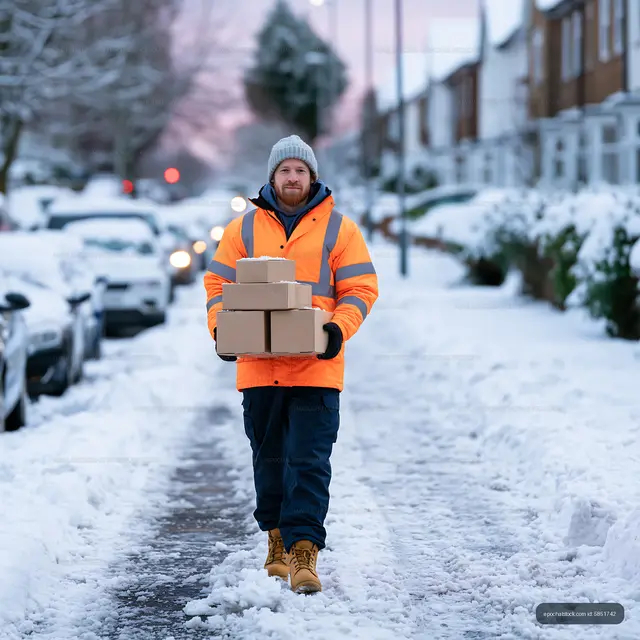 Delivery worker carries packages on snowy street