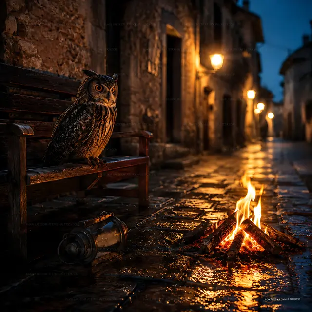 Owl sitting on a bench near a fire in a quiet street at night