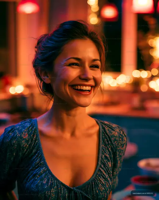 Woman smiling in cozy kitchen with warm lights during evening