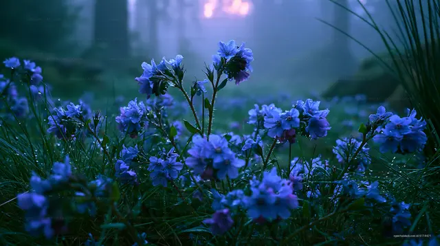 Blue flowers in a misty forest at dawn