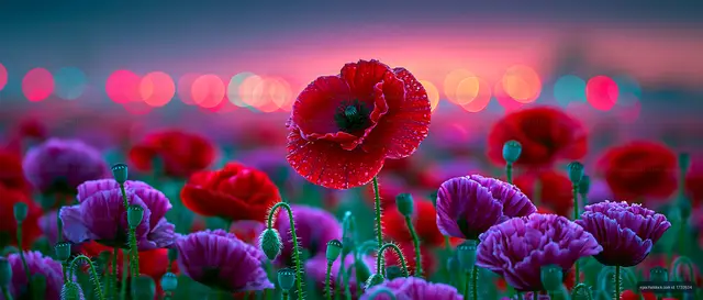 Vibrant poppy flowers bloom in a field during sunset