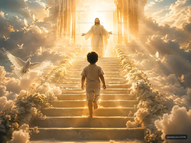 Child walking up stairs toward a figure in bright light
