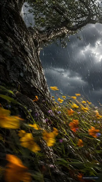 Rain falls on a tree trunk with wildflowers in a field