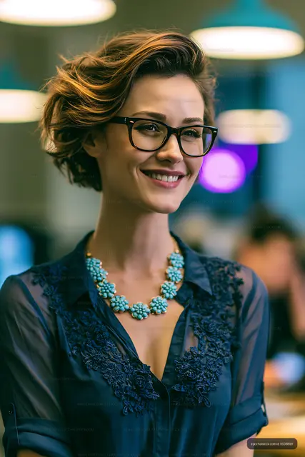 Woman smiling in office with glasses and blue necklace