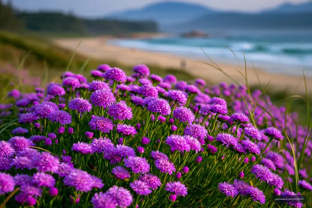 Purple flowers growing by the beach near the ocean