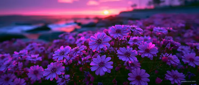 Vibrant flowers bloom by the ocean at sunset