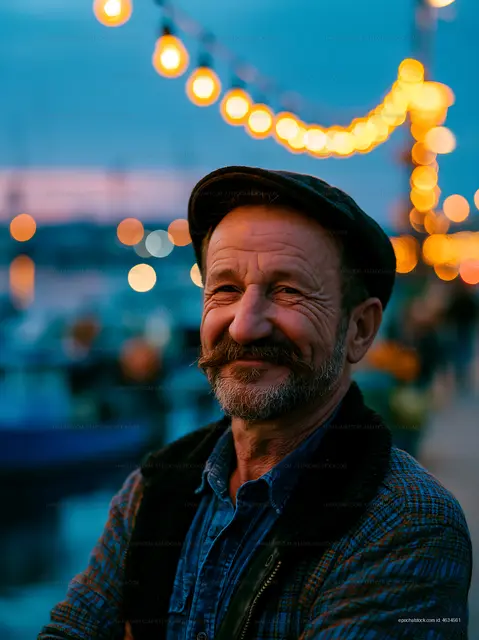 Smiling man at waterfront with lights during evening hours