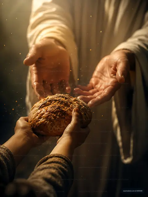 Hands exchanging a loaf of bread in a warm setting