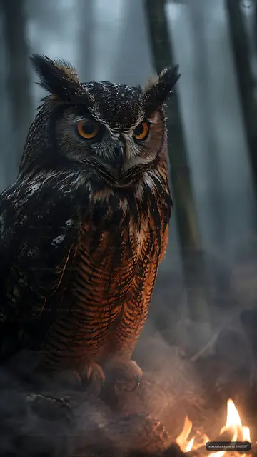 Owl perched near glowing fire in dark forest setting