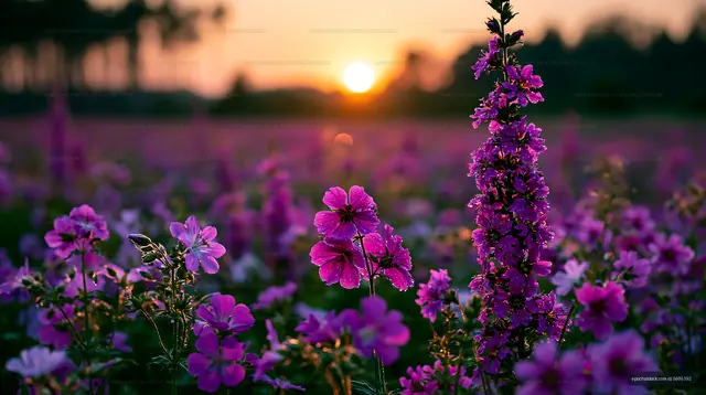Vibrant flowers bloom in a field at sunset
