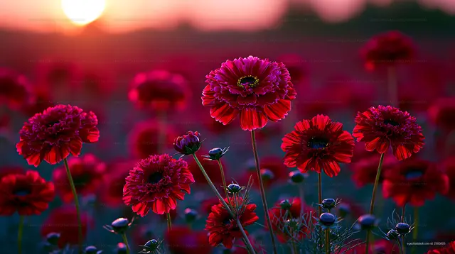 Beautiful red flowers bloom at sunset in a vibrant field