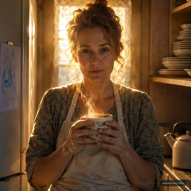 Woman stands in kitchen holding a steaming cup of tea