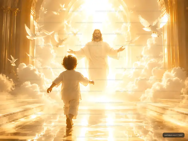 Child approaching a figure in bright light surrounded by doves
