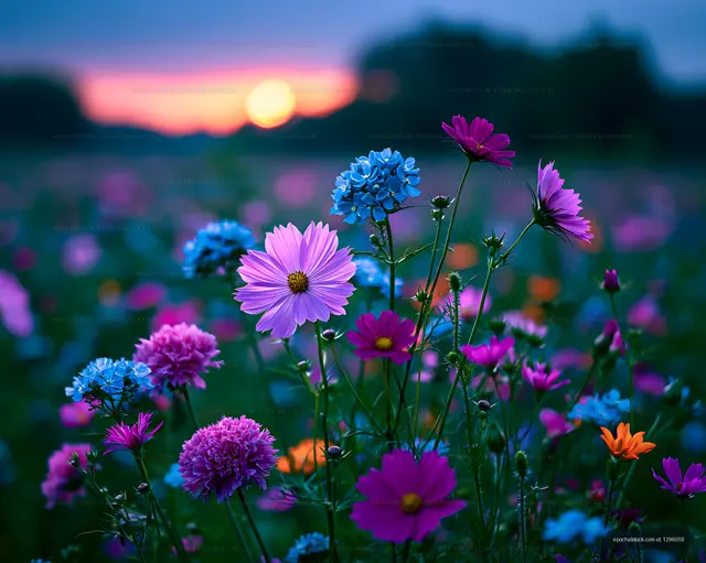 Colorful flowers blooming in a field during sunset