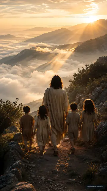 Walking on a mountain path at sunset with children