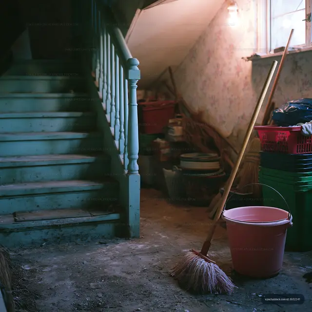 Old staircase with cleaning supplies and a dusty interior space