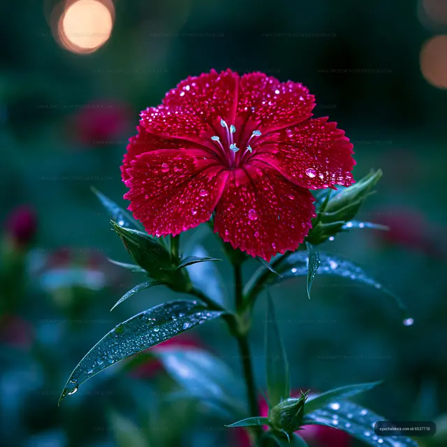 Red flower with water droplets in garden at night