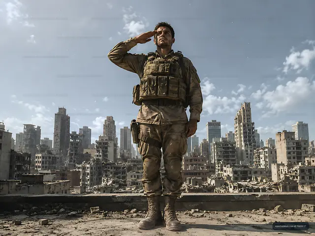 Soldier saluting in a ruined city against a blue sky