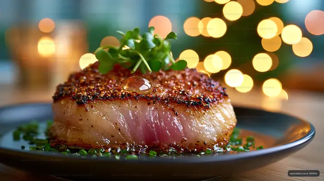 Close-up of cooked fish with garnish on a dark plate