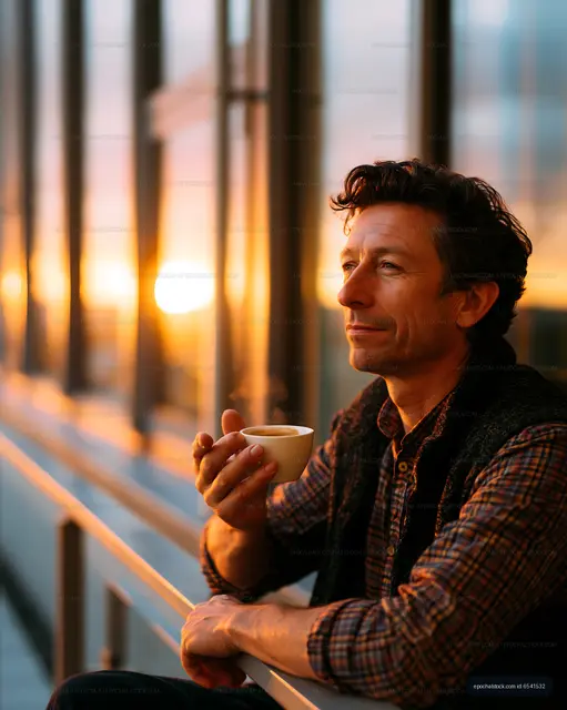 Man enjoys coffee during sunset in modern cafe