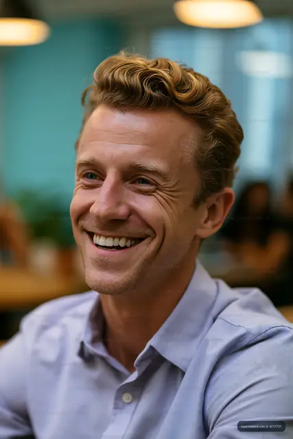 Smiling man with curly hair in a casual setting