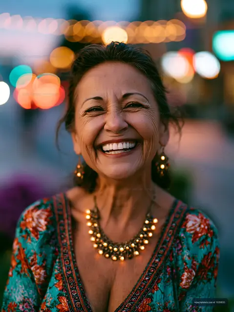 Smiling woman with jewelry in colorful setting at dusk