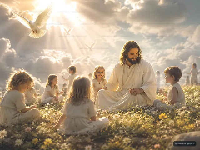 Jesus sitting on grass with children and doves in sunny sky