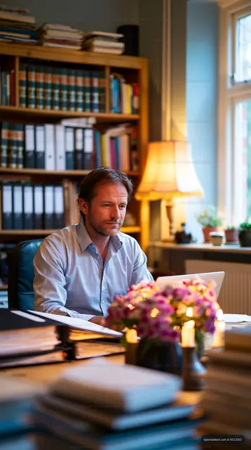 Man working at desk in cozy office with books and flowers