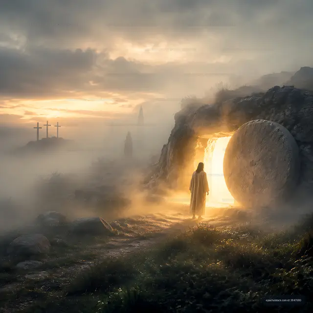 Light shines from the tomb as a figure steps out during dawn