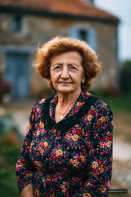 Elderly woman standing outdoors in traditional dress