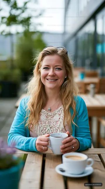 Woman sitting outdoors enjoying coffee at a café