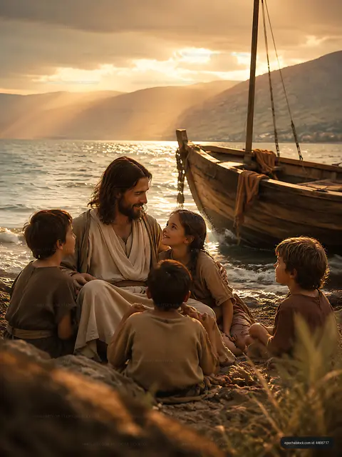 Man sitting by the water with children during sunset