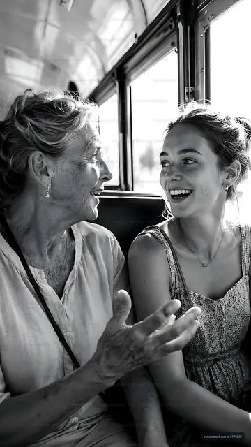 Two women sitting on a bus talking and laughing