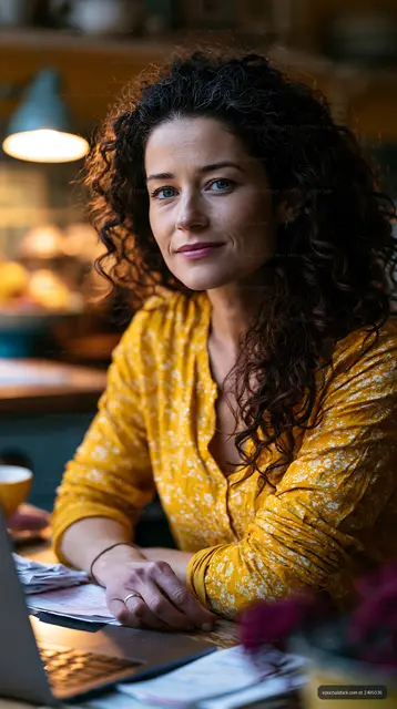 Woman with curly hair sitting at a table in a cafe