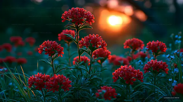 Red flowers in a garden at sunset