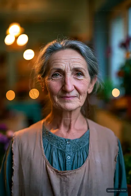 Elderly woman with grey hair in a cozy indoor setting