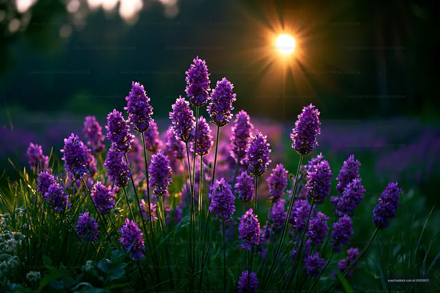 Purple flowers blossom in a field during sunset