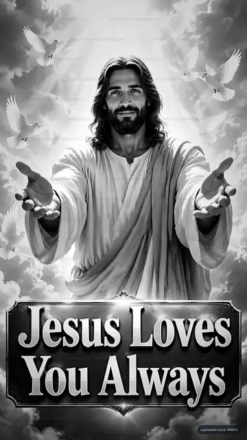 Jesus offering love with open arms and doves in the sky