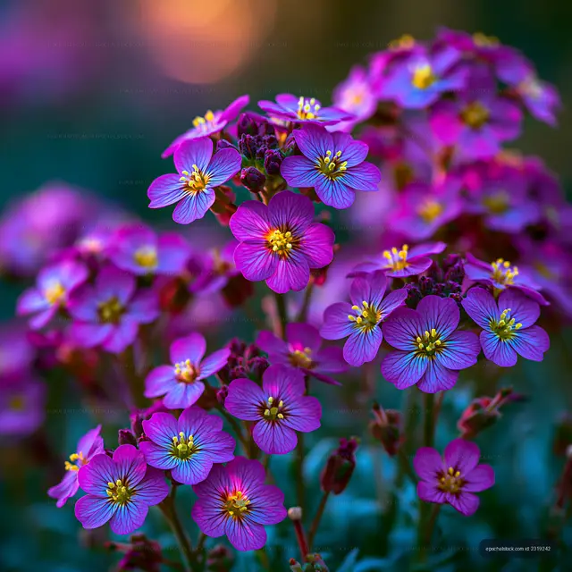 Bright purple flowers bloom in a garden during spring evening