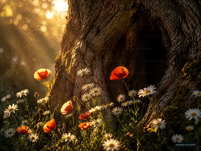 Flowers bloom near the base of a large tree at sunset