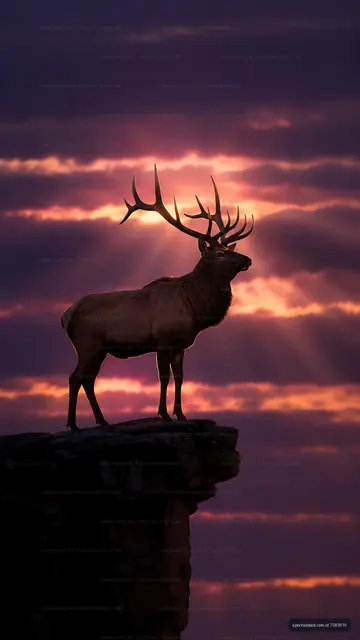 Elk standing on a rock during sunset with colorful sky