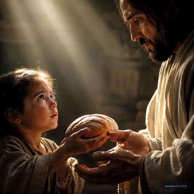 Child receives bread from a man in historical setting
