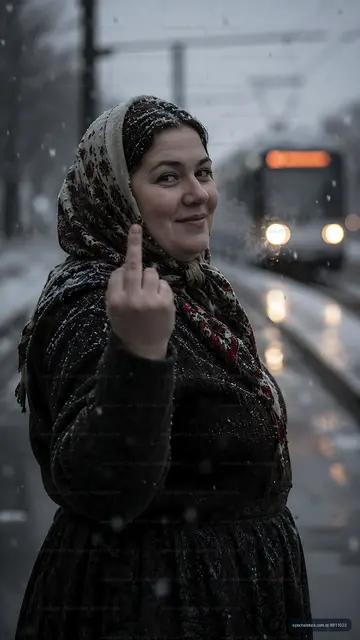 Woman giving a gesture on a snowy street with a tram passing
