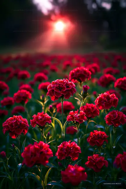 Red flowers bloom in a field during sunset